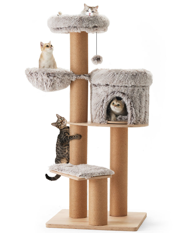 FUKUMARU Cat Tree, 5 in 1 Cat Tower for Indoor Cats, 155cm Tall, 4 Levels, 6 Scratching Posts, Detachable Cushions, Hammock & Perch for Large Cats