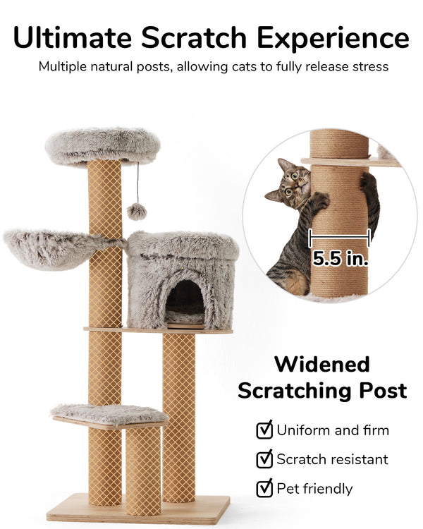 FUKUMARU Cat Tree, 5 in 1 Cat Tower for Indoor Cats, 155cm Tall, 4 Levels, 6 Scratching Posts, Detachable Cushions, Hammock & Perch for Large Cats