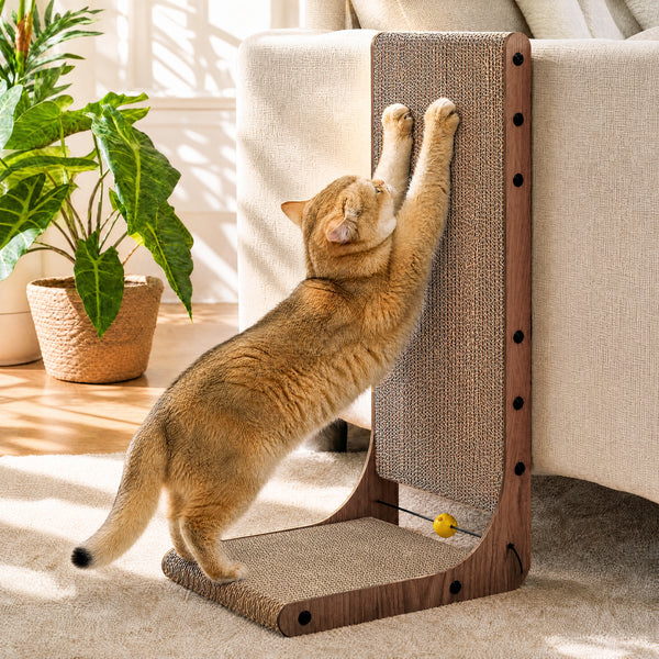 FUKUMARU Cat Scratcher 2 Packs, Cat Scratching Boards for Indoor Cats, L Shaped Cardboard Cats Scratcher Vertical Scartch Pads with Ball Toy, Wood Color, 25 Inch