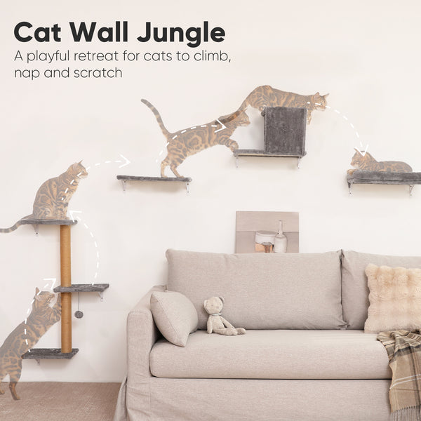 FUKUMARU Cat Wall Shelves, Stable & Safe 4 in 1 Cat Wall Mounted Furniture Set, Wooden Climbing Tree with Scratching Post for 16 Inch Drywall - Gray