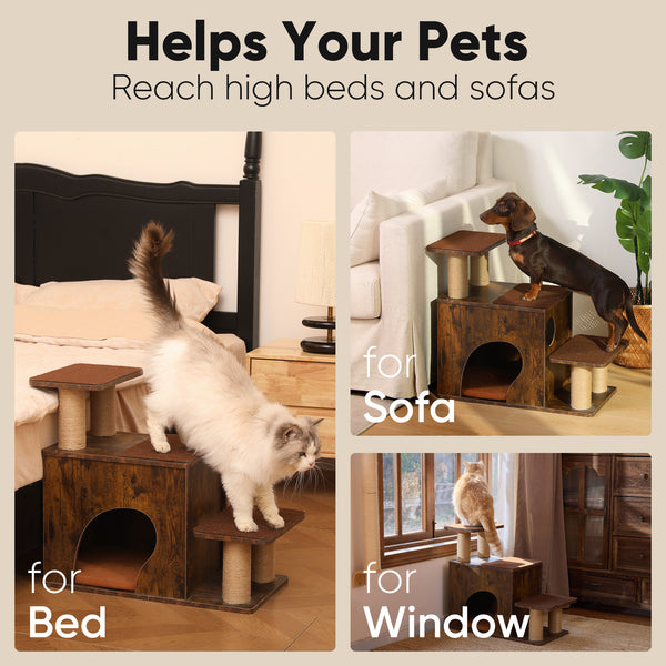FUKUMARU 3-in-1 Pet Stairs, Retro-style Dog Steps for Cats and Small Dogs, Wooden Cat Stairs for High Bed with Scratching Post, Dog Ramp for Couch with Cat Condo Cave, Easy to Clean & Aesthetic Design