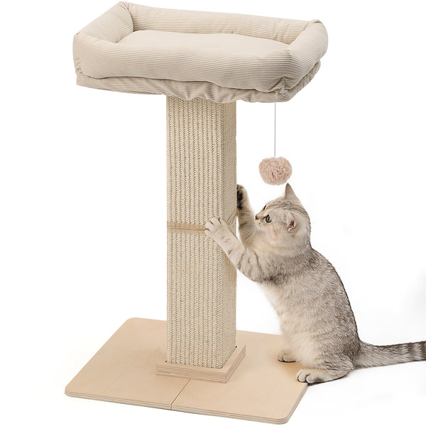 FUKUMARU Cat Scratching Post, Retro-Style Tall Scratch Posts with Perch for Infoor Cats Adults, Large Cat Scratcher Tower with Bed, Natural Sisal & Solid Wood