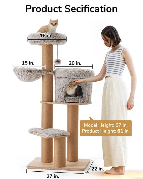 FUKUMARU Cat Tree, 5 in 1 Cat Tower for Indoor Cats, 155cm Tall, 4 Levels, 6 Scratching Posts, Detachable Cushions, Hammock & Perch for Large Cats