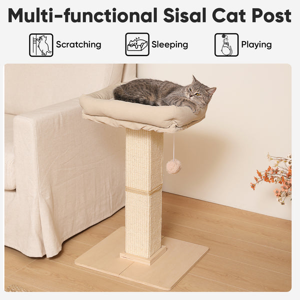 FUKUMARU Cat Scratching Post, Retro-Style Tall Scratch Posts with Perch for Infoor Cats Adults, Large Cat Scratcher Tower with Bed, Natural Sisal & Solid Wood