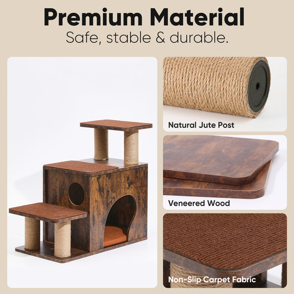 FUKUMARU 3-in-1 Pet Stairs, Retro-style Dog Steps for Cats and Small Dogs, Wooden Cat Stairs for High Bed with Scratching Post, Dog Ramp for Couch with Cat Condo Cave, Easy to Clean & Aesthetic Design