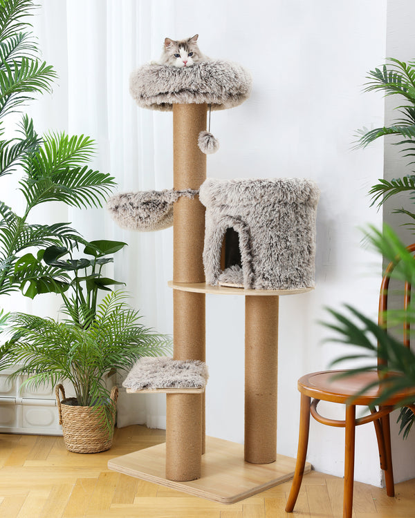 FUKUMARU Cat Tree, 5 in 1 Cat Tower for Indoor Cats, 155cm Tall, 4 Levels, 6 Scratching Posts, Detachable Cushions, Hammock & Perch for Large Cats