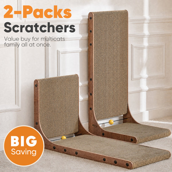 FUKUMARU Cat Scratcher 2 Packs, Cat Scratching Boards for Indoor Cats, L Shaped Cardboard Cats Scratcher Vertical Scartch Pads with Ball Toy, Wood Color, 25 Inch