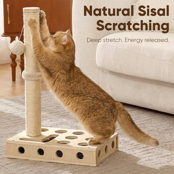 FUKUMARU Cat Scratching Post, Wood Cat Tree Tower with Interactive Box | 3 in 1 Cat Scratcher Toy with Enrichment Box, Natural Sisal Cat Scratching for Indoor Cats Nail File, Forage and Play