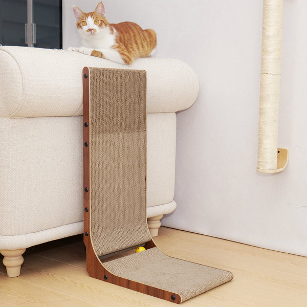 FUKUMARU Cat Scratcher, 26.8 Inch Cat Scratch Pad for Indoor Cats, L Shaped Cardboard Vertical Cats Scratching Board with Ball Toy, Walnut Color, 1 Pack