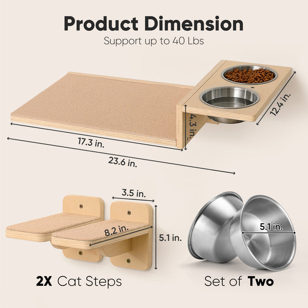 FUKUMARU Cat Wall Shelves, 3 in 1 Cats Walls Furniture Set, Food Station with 2 Steps, Birch Plywood Perch, Suitable for Kitten Play, Nap, Eat, DIY Wall Jungle Gym