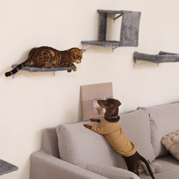 FUKUMARU Cat Wall Shelves, Stable & Safe 4 in 1 Cat Wall Mounted Furniture Set, Wooden Climbing Tree with Scratching Post for 16 Inch Drywall - Gray