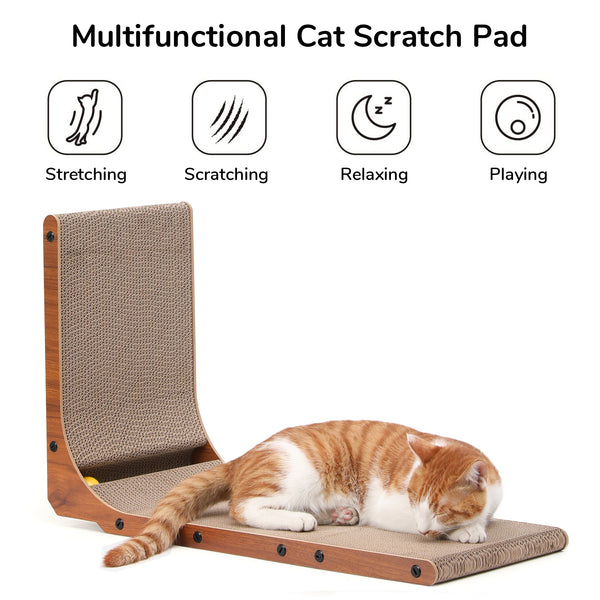 FUKUMARU Cat Scratcher, 26.8 Inch Cat Scratch Pad for Indoor Cats, L Shaped Cardboard Vertical Cats Scratching Board with Ball Toy, Walnut Color, 1 Pack