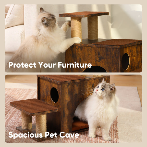 FUKUMARU 3-in-1 Pet Stairs, Retro-style Dog Steps for Cats and Small Dogs, Wooden Cat Stairs for High Bed with Scratching Post, Dog Ramp for Couch with Cat Condo Cave, Easy to Clean & Aesthetic Design