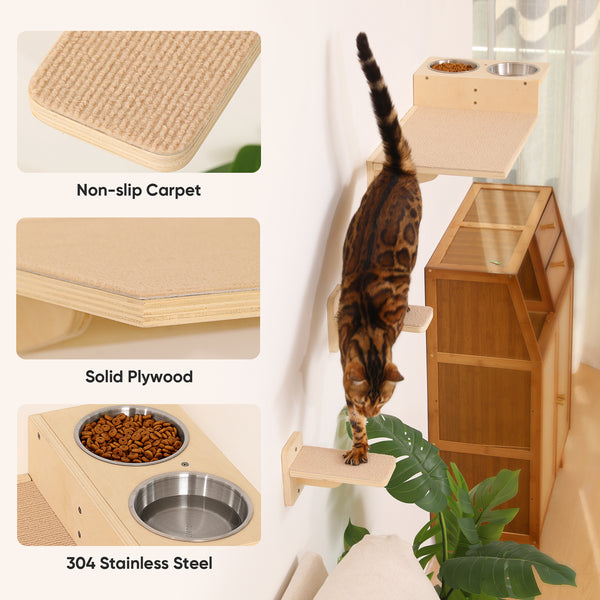FUKUMARU Cat Wall Shelves, 3 in 1 Cats Walls Furniture Set, Food Station with 2 Steps, Birch Plywood Perch, Suitable for Kitten Play, Nap, Eat, DIY Wall Jungle Gym