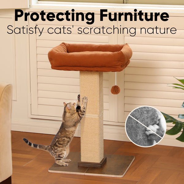 FUKUMARU Cat Scratching Post, Retro-Style Tall Scratch Posts with Perch for Infoor Cats Adults, Large Cat Scratcher Tower with Bed, Natural Sisal & Solid Wood