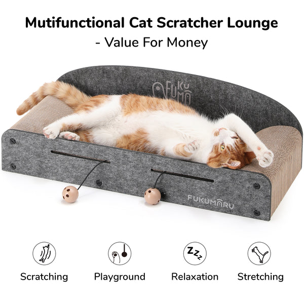 Cardboard Cat Scratcher with 2 Reversible Scratch Pad Refills, Durable Large Cat Scratching Lounger with Ball Toy, Grey