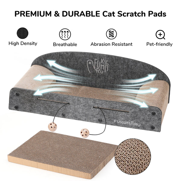 Cardboard Cat Scratcher with 2 Reversible Scratch Pad Refills, Durable Large Cat Scratching Lounger with Ball Toy, Grey