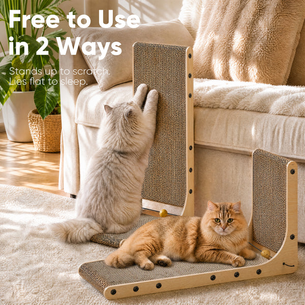 FUKUMARU Cat Scratcher 2 Packs, Cat Scratching Boards for Indoor Cats, L Shaped Cardboard Cats Scratcher Vertical Scartch Pads with Ball Toy, Wood Color, 25 Inch