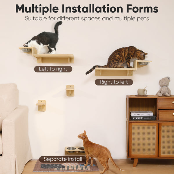 FUKUMARU Cat Wall Shelves, 3 in 1 Cats Walls Furniture Set, Food Station with 2 Steps, Birch Plywood Perch, Suitable for Kitten Play, Nap, Eat, DIY Wall Jungle Gym
