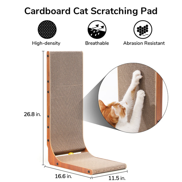 FUKUMARU Cat Scratcher, 26.8 Inch Cat Scratch Pad for Indoor Cats, L Shaped Cardboard Vertical Cats Scratching Board with Ball Toy, Walnut Color, 1 Pack