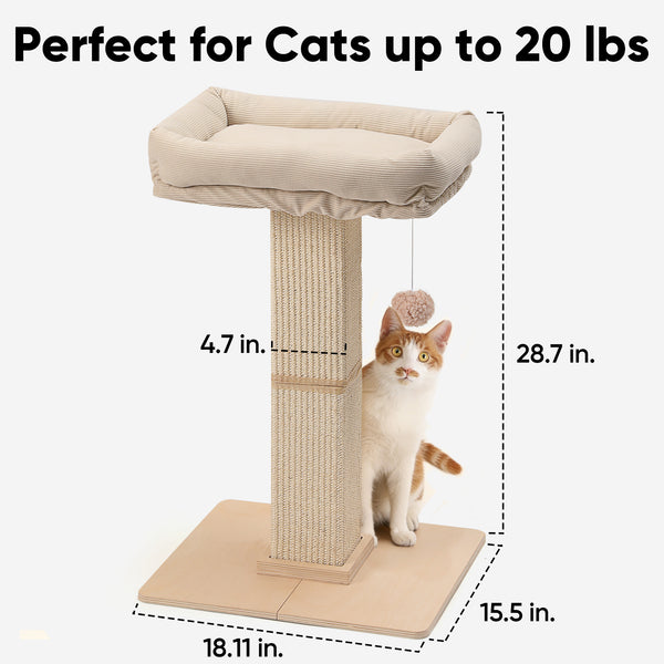 FUKUMARU Cat Scratching Post, Retro-Style Tall Scratch Posts with Perch for Infoor Cats Adults, Large Cat Scratcher Tower with Bed, Natural Sisal & Solid Wood