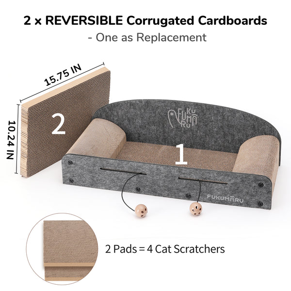 Cardboard Cat Scratcher with 2 Reversible Scratch Pad Refills, Durable Large Cat Scratching Lounger with Ball Toy, Grey