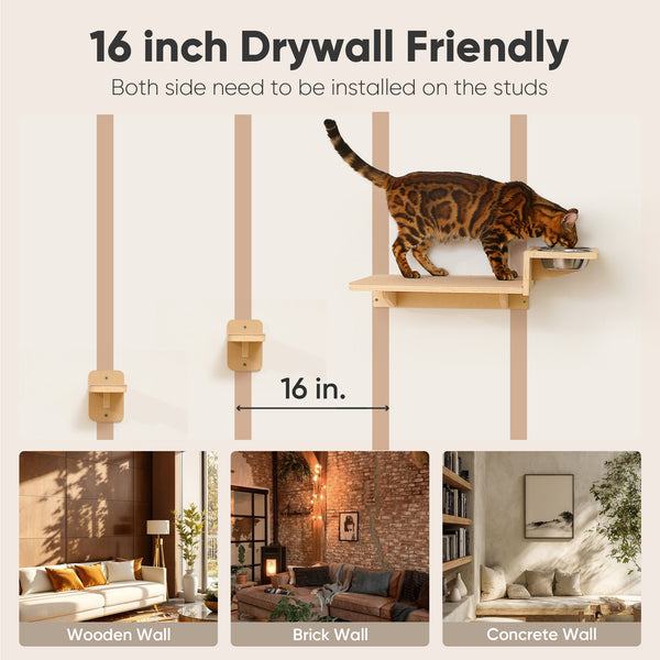 FUKUMARU Cat Wall Shelves, 3 in 1 Cats Walls Furniture Set, Food Station with 2 Steps, Birch Plywood Perch, Suitable for Kitten Play, Nap, Eat, DIY Wall Jungle Gym