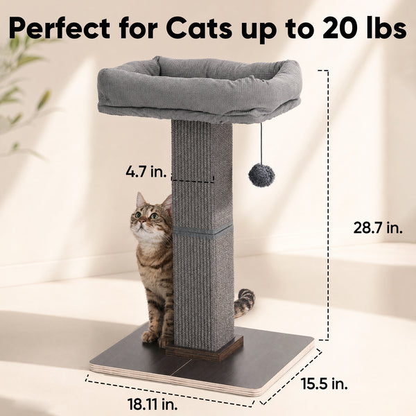 FUKUMARU Cat Scratching Post, Retro-Style Tall Scratch Posts with Perch for Infoor Cats Adults, Large Cat Scratcher Tower with Bed, Natural Sisal & Solid Wood