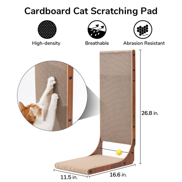 FUKUMARU Cat Scratcher, 26.8 Inch Cat Scratch Pad for Indoor Cats, L Shaped Cardboard Vertical Cats Scratching Board with Ball Toy, Walnut Color, 2 Packs