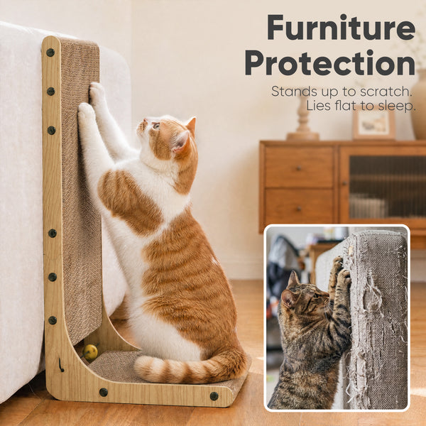 FUKUMARU Cat Scratcher 2 Packs, Cat Scratching Boards for Indoor Cats, L Shaped Cardboard Cats Scratcher Vertical Scartch Pads with Ball Toy, Wood Color, 25 Inch