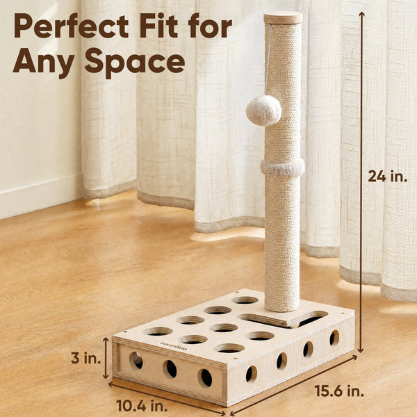 FUKUMARU Cat Scratching Post, Wood Cat Tree Tower with Interactive Box | 3 in 1 Cat Scratcher Toy with Enrichment Box, Natural Sisal Cat Scratching for Indoor Cats Nail File, Forage and Play