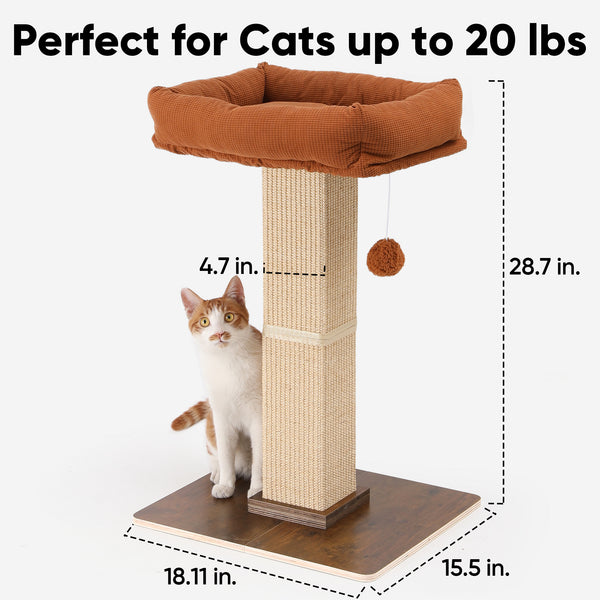 FUKUMARU Cat Scratching Post, Retro-Style Tall Scratch Posts with Perch for Infoor Cats Adults, Large Cat Scratcher Tower with Bed, Natural Sisal & Solid Wood
