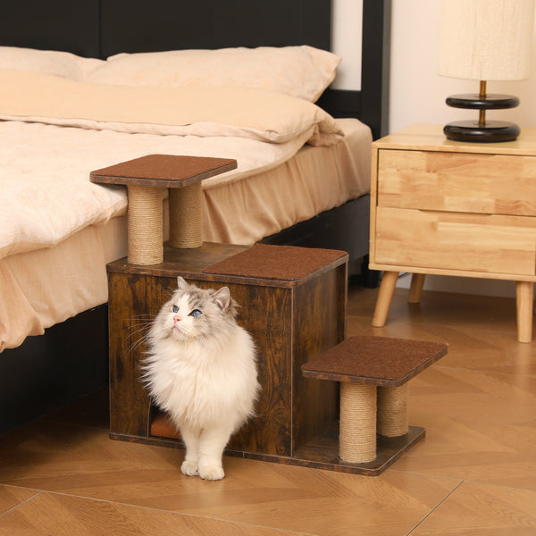 FUKUMARU 3-in-1 Pet Stairs, Retro-style Dog Steps for Cats and Small Dogs, Wooden Cat Stairs for High Bed with Scratching Post, Dog Ramp for Couch with Cat Condo Cave, Easy to Clean & Aesthetic Design