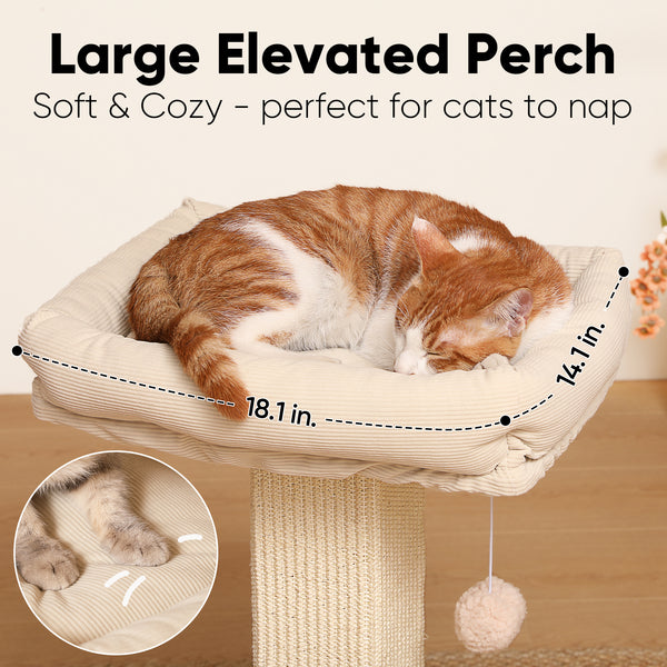 FUKUMARU Cat Scratching Post, Retro-Style Tall Scratch Posts with Perch for Infoor Cats Adults, Large Cat Scratcher Tower with Bed, Natural Sisal & Solid Wood