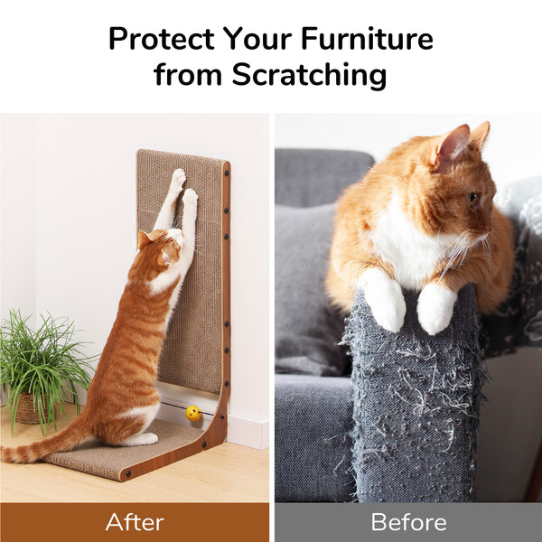 FUKUMARU Cat Scratcher, 26.8 Inch Cat Scratch Pad for Indoor Cats, L Shaped Cardboard Vertical Cats Scratching Board with Ball Toy, Walnut Color, 2 Packs