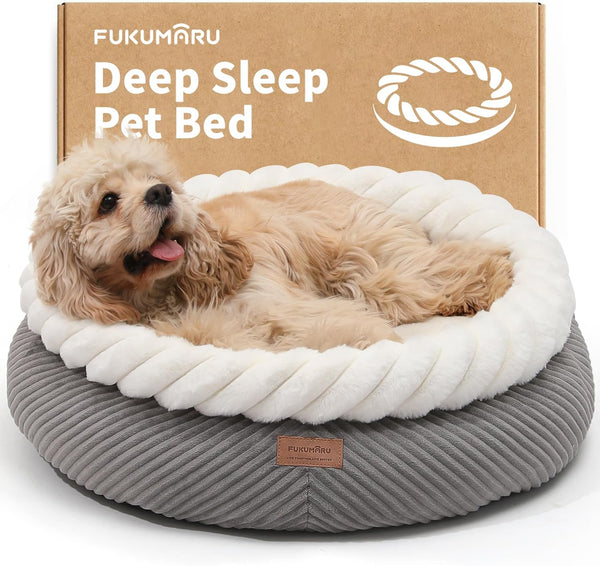 FUKUMARU Dog Bed, Calming Donut Dog Beds, Plush Faux Fur&Corduroy Cat Beds, Cute Round Washable Pet Bed for Large Cats and Small Dogs, Cat Cave with Anti-Slip Bottom, 25inch