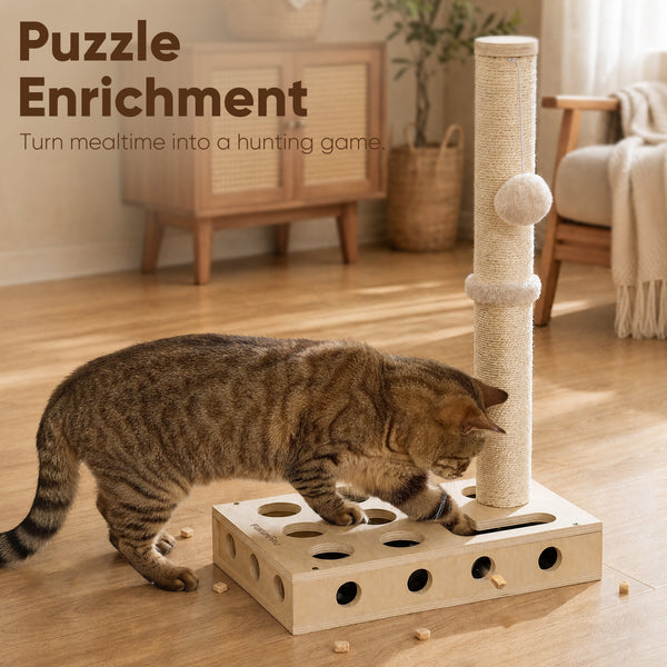 FUKUMARU Cat Scratching Post, Wood Cat Tree Tower with Interactive Box | 3 in 1 Cat Scratcher Toy with Enrichment Box, Natural Sisal Cat Scratching for Indoor Cats Nail File, Forage and Play