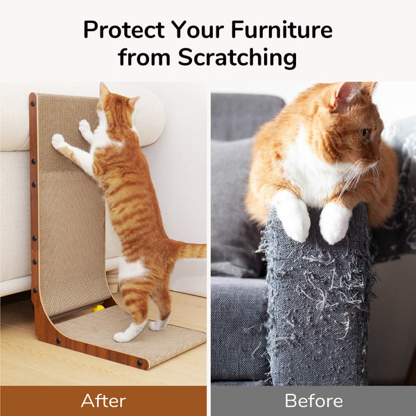 FUKUMARU Cat Scratcher, 26.8 Inch Cat Scratch Pad for Indoor Cats, L Shaped Cardboard Vertical Cats Scratching Board with Ball Toy, Walnut Color, 1 Pack