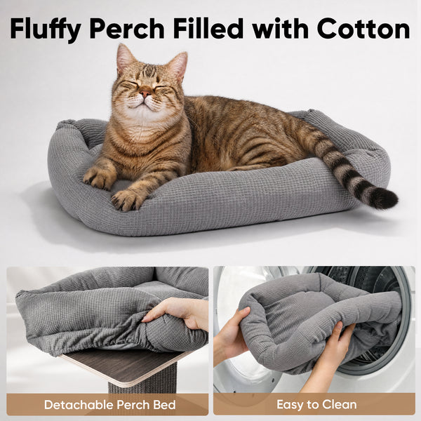 FUKUMARU Cat Scratching Post, Retro-Style Tall Scratch Posts with Perch for Infoor Cats Adults, Large Cat Scratcher Tower with Bed, Natural Sisal & Solid Wood