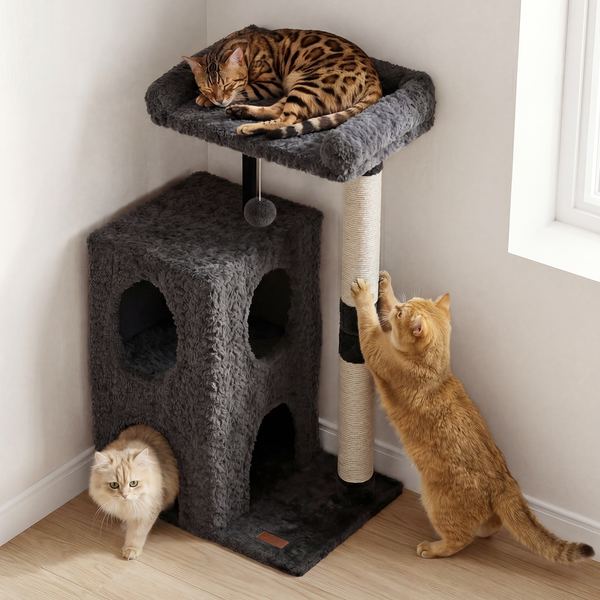 FUKUMARU Cat Tree, 36.2in Luxury Plush Cat Tower with Two Caves, Multi-Level Cat Condo with Sisal Scratching Post, Adult Cat Tree Towers for Indoor Cats with Top Perch, Medium Heavy Duty Kitten House