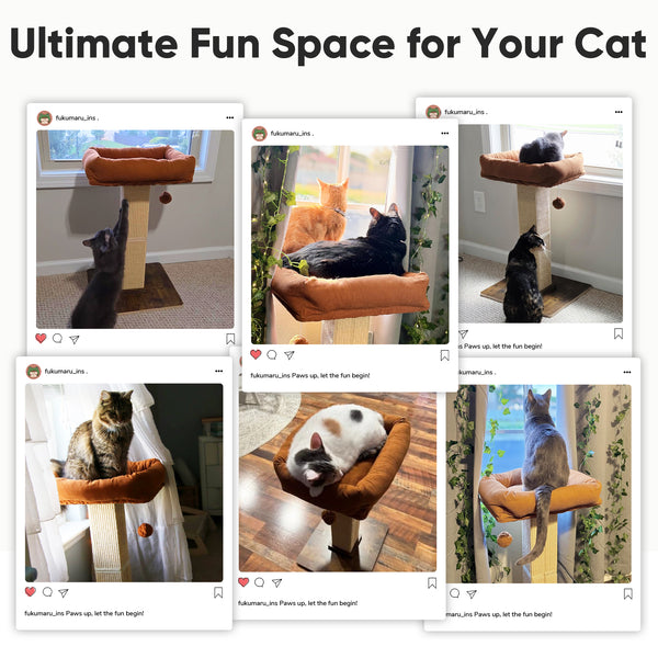 FUKUMARU Cat Scratching Post, Retro-Style Tall Scratch Posts with Perch for Infoor Cats Adults, Large Cat Scratcher Tower with Bed, Natural Sisal & Solid Wood