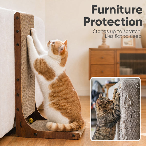 FUKUMARU Cat Scratcher 2 Packs, Cat Scratching Boards for Indoor Cats, L Shaped Cardboard Cats Scratcher Vertical Scartch Pads with Ball Toy, Wood Color, 25 Inch