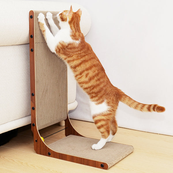 FUKUMARU Cat Scratcher, 26.8 Inch Cat Scratch Pad for Indoor Cats, L Shaped Cardboard Vertical Cats Scratching Board with Ball Toy, Walnut Color, 2 Packs