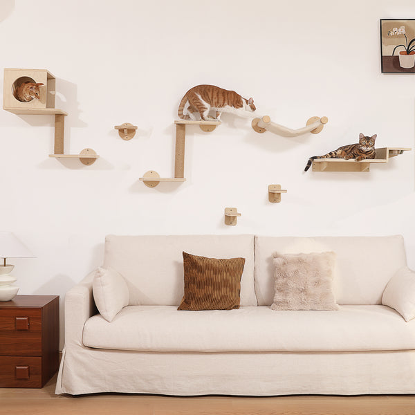 FUKUMARU Cat Wall Shelves, 3 in 1 Cats Walls Furniture Set, Food Station with 2 Steps, Birch Plywood Perch, Suitable for Kitten Play, Nap, Eat, DIY Wall Jungle Gym
