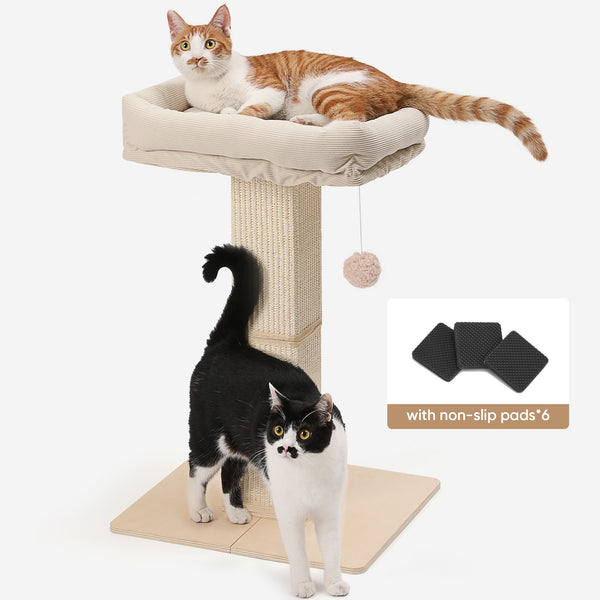 FUKUMARU Cat Scratching Post, Retro-Style Tall Scratch Posts with Perch for Infoor Cats Adults, Large Cat Scratcher Tower with Bed, Natural Sisal & Solid Wood