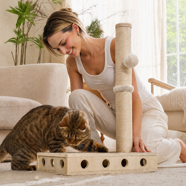 FUKUMARU Cat Scratching Post, Wood Cat Tree Tower with Interactive Box | 3 in 1 Cat Scratcher Toy with Enrichment Box, Natural Sisal Cat Scratching for Indoor Cats Nail File, Forage and Play