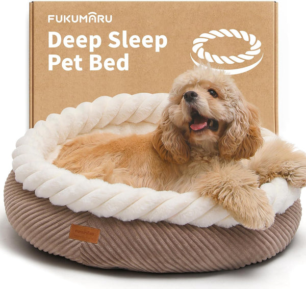 FUKUMARU Dog Bed, Calming Donut Dog Beds, Plush Faux Fur&Corduroy Cat Beds, Cute Round Washable Pet Bed for Large Cats and Small Dogs, Cat Cave with Anti-Slip Bottom, 25inch