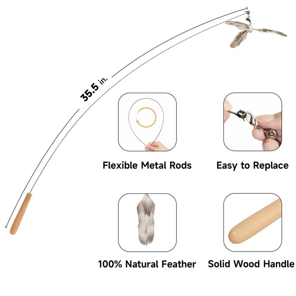 FUKUMARU Cat Wand Toy, 35.5 Inch Cat Feather Propeller Toy with Bell - FUKUMARU