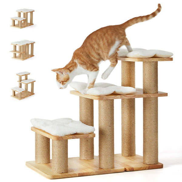 FUKUMARU Dog Stairs, Solid Wood Pet Stairs with Cat Scratching Post - FUKUMARU