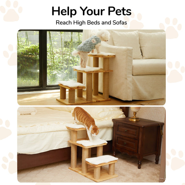 FUKUMARU Dog Stairs, Solid Wood Pet Stairs with Cat Scratching Post - FUKUMARU